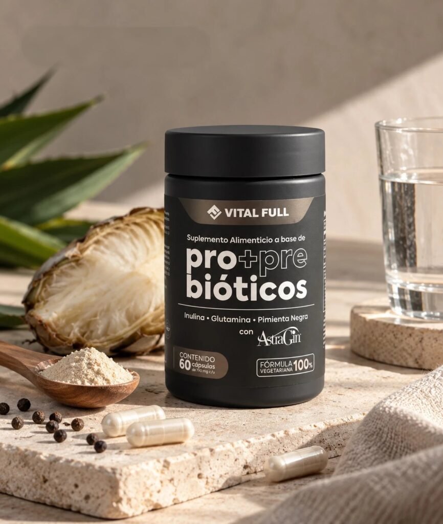 Frasco Pro + Prebióticos con agave, inulina, pimienta negra y cápsulas