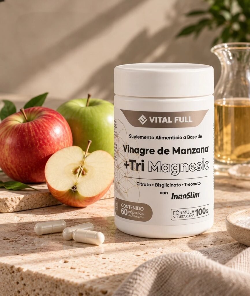 Frasco Vinagre de Manzana + Tri Magnesio con manzanas, vinagre y cápsulas